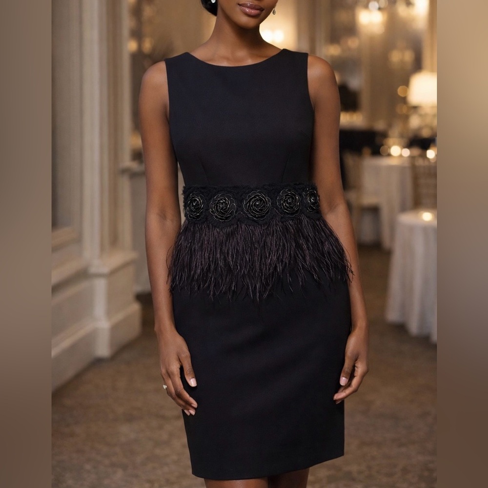 Alice + Olivia Black Marigay Rosette Ostrich Feather Party Dress 4 Retail $495